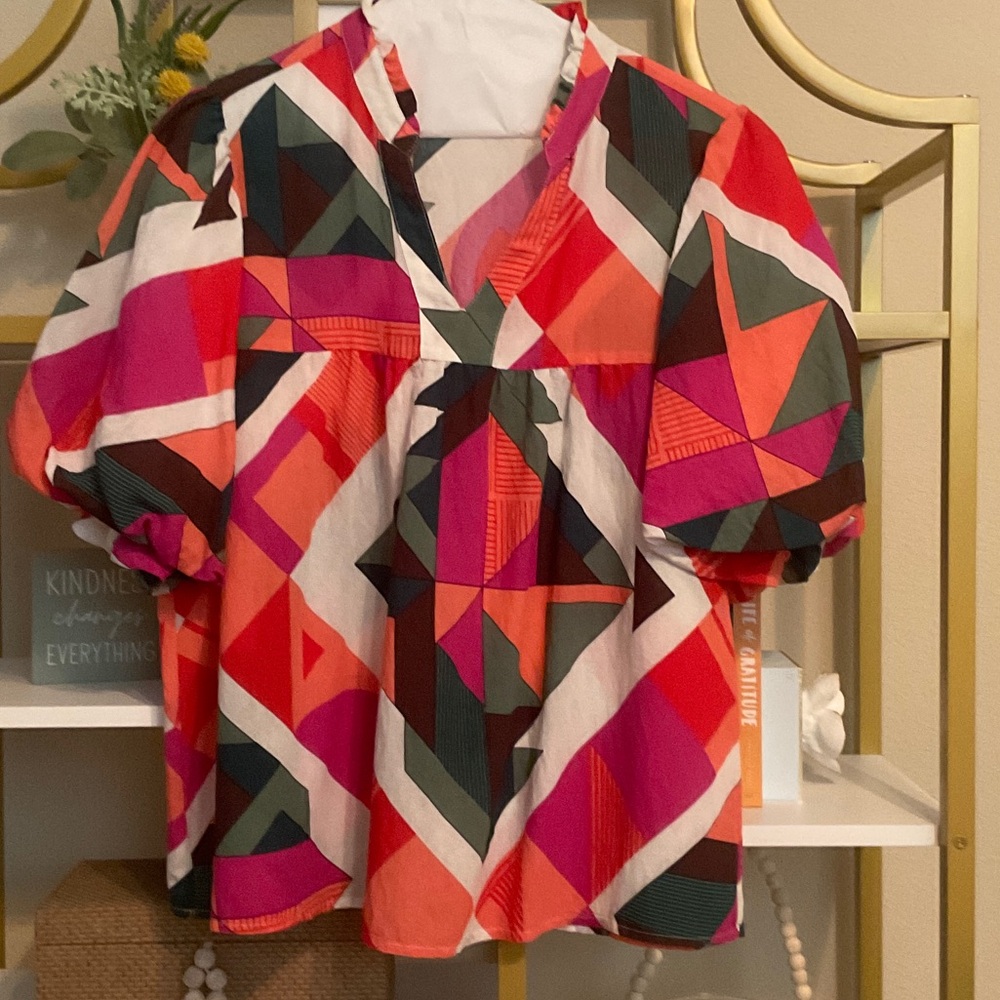 THML Multicolor Geometric Puff-Sleeve Blouse